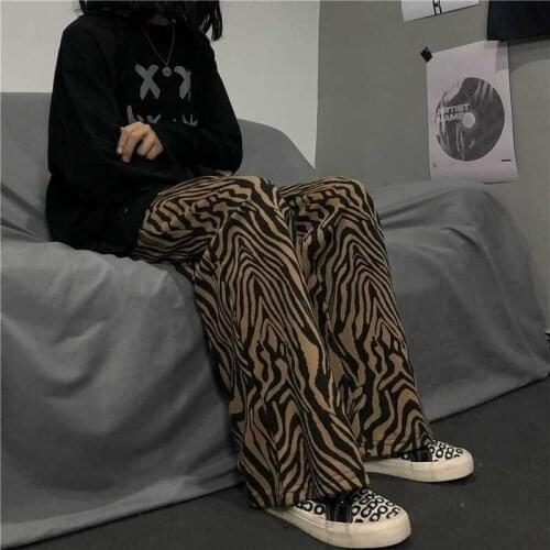 Zebra printed pants mens trousers 2021 spring summer Korean retro straight casual bf style loose fashion wide-leg pants trend