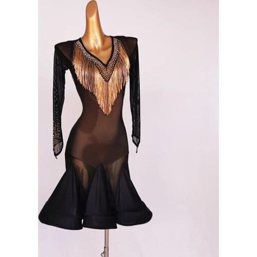 Womens Performance Latin Dance Dress Tassel Crystals Rhinestones Long Sleeve
