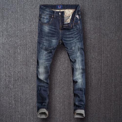 European Vintage Fashion Men Jeans Retro Dark Blue Elastic Slim Fit Ripped Jeans Men Scratch Designer Casual Cotton Denim Pants