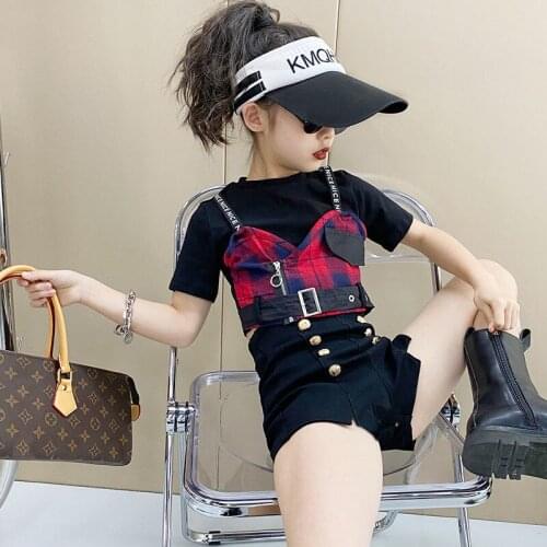 Short-sleeved plaid T-shirt 2021 summer new style, big childrens western style stitching hip-hop performance clothing top tide