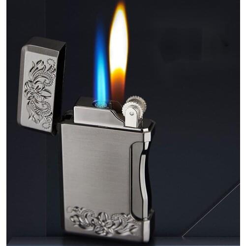 Personality Variable Double Fire Grinding Wheel Open Fire Side Pressure Direct Punching Butane Gas Lighter Creative Mens Gift
