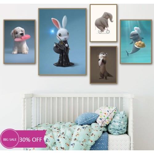 Canvas Painting Animal Posters Lovely Dog, Rabbit, Elephant, Whale, Otter Wall Art Picture for Living Room Decoration Home Deco