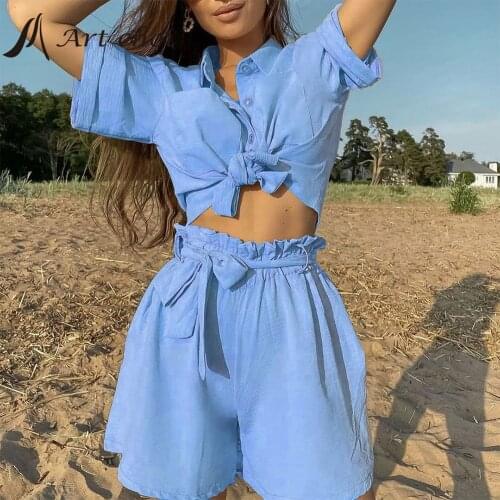 Summer Two Piece Set Tracksuit Casual Outfit Leisure Suits Women Bandage Blouse Tops High Waist Shorts Belt Beach 2 Piece Sets