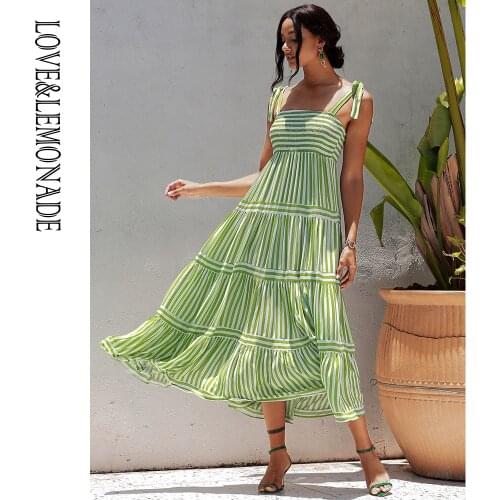 LOVE&LEMONADE Casual Tube Top Strap Green Stripes A-Line Summer Beach Midi Dress WD02282