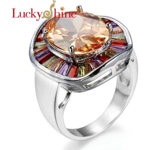Luckyshine High Quality AAAA Handmade Rainbow Cubic Zirconia Rings Wedding Rings for Women Party Holiday Rings Silver NEW