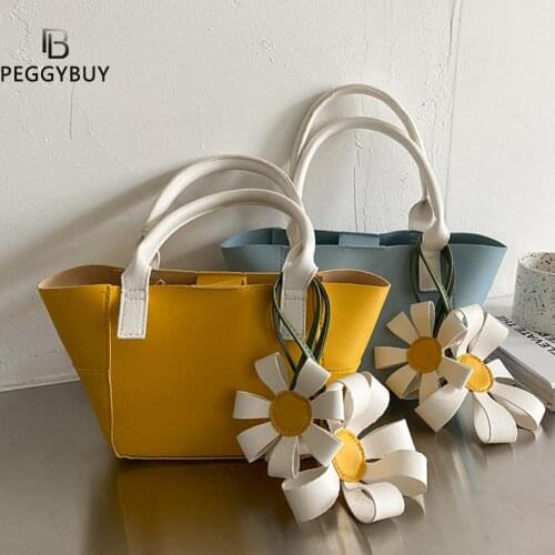 Fashion Women PU Leather Flower Pendant Shoulder Crossbody Messenger Bag Casual Ladies Solid Color Small Top-Handle Handbags