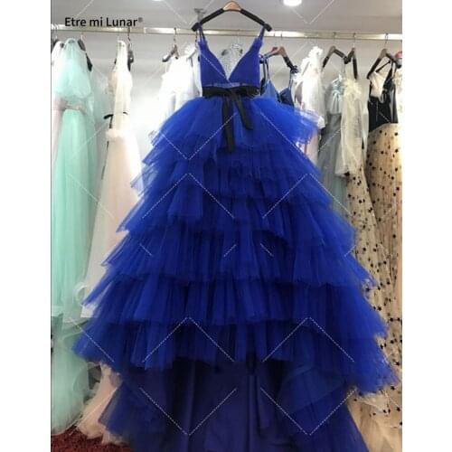 New Fashion 2021 Sexy v neck Blue Evening Dress Custom made Tiered Tulle Skirt Ball Gown Elegant Evening Party Dresses L4228