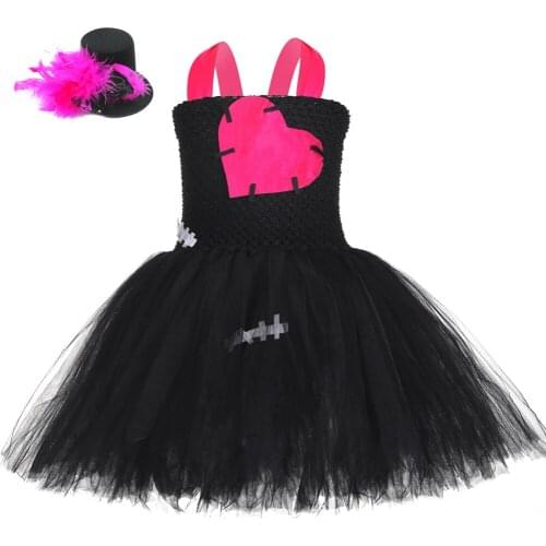 Punk Rockstar Girls Tutu Dress Black & Hot Pink Mal Cosplay Costume for Kids Girl Halloween Holiday Carnival Party Dresses 1-14Y