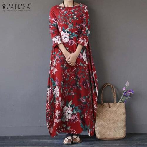 ZANZEA Women Vintage Printed Maxi Long Dress Autumn 3/4 Sleeve Cotton Linen Dresses Vestido Loose Kaftan Sundress Robe
