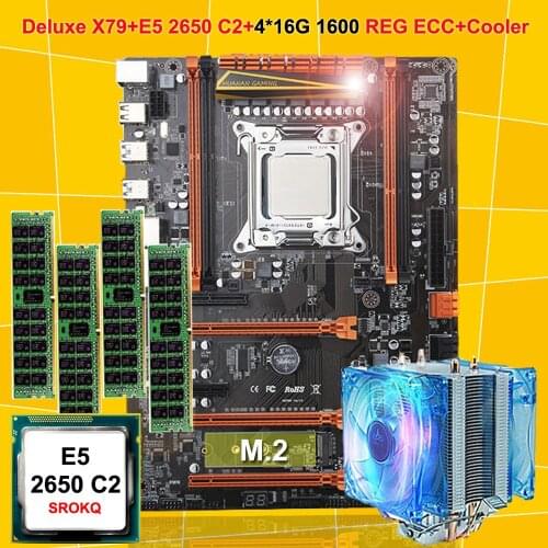 Featured HUANAN ZHI deluxe X79 LGA2011 motherboard CPU RAM combo Xeon E5 2650 C2 with cooler RAM 64G(4*16G) DDR3 1600 REG ECC