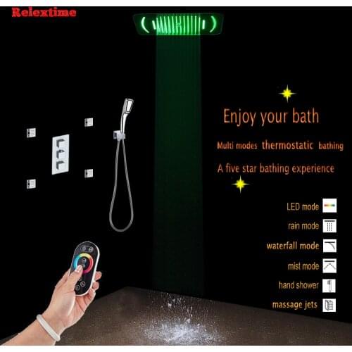 Bathroom Concealed Shower Panel Thermostatic Mixer Faucet Nozzle Light LED Ceiling Shower Head Rain Waterfall Misty massage Jets