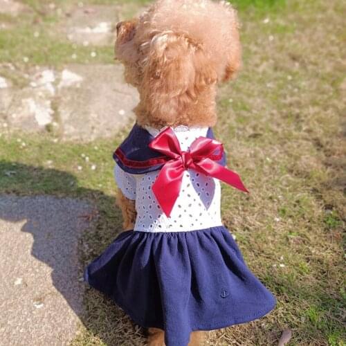 Spring Summer Skirts Dog Dress Navy Blue Bow Student Dress Girl Skirts For Cat Pet Cute Costume Dog Clothes Chihuahua For Xs-Xl