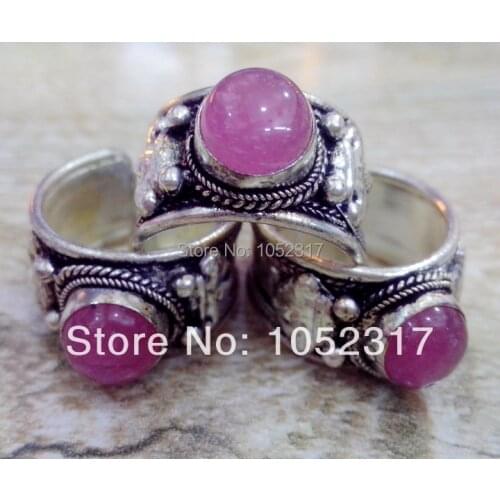 Chram 10pcs High Quality Retro Style Tibet Silver Carved Lace inlay Pink Crystal Bead Nepal Ring Adjustable Unisex