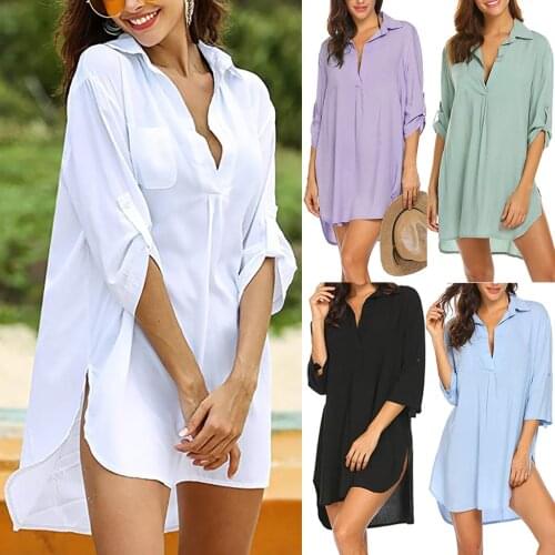 Summer Sexy Bikini Cover-ups White T shirt 2021 Women V- Neck Beach Dress Pluz Size Swim Suit Cover Up Bathing Suit Beachwear