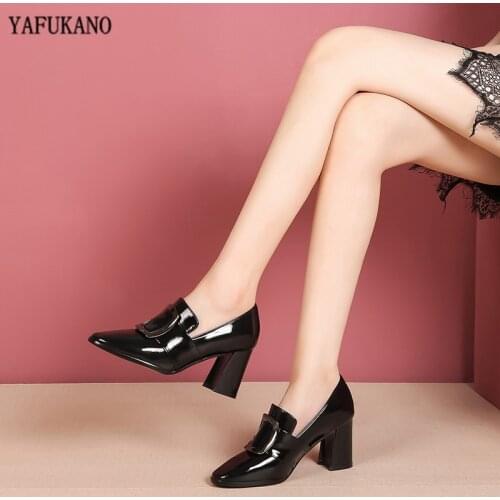 Womens Patent Leather Buckle Pumps Spring Woman Slip On Square Toe Chunky Heels Female Fashion Ladies Dress Shoes