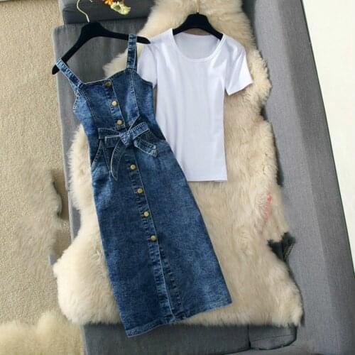 Spring Summer Women 2 Pieces Set Denim Sundress Blue Slim Sunspender Jeans Dress Casual Single-breasted Denim Dresses Vestidos