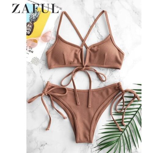 ZAFUL Ribbed V Cut Cami Bikini Sexy Pink Bikini Padded Frilly High Leg Cut Biquinis Swimsuit Swimwear Beach Frill Bathing Suits