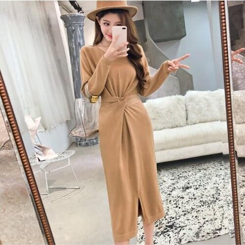 Autumn Winter Knitted Sweater Dress Women 2019 Vintage Fashion Sashes Waist O-neck Pullover Female Long Dress Vestidos Feminino