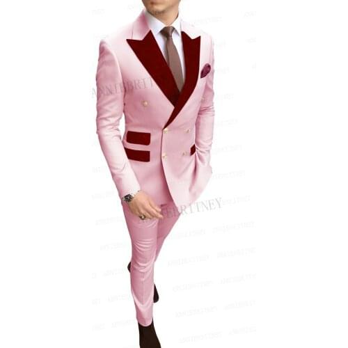Gold Buttons Men Pink Suit for Wedding, Tailored Groom Best Man Tuxedo Velvet Lapel Business Wear Double Breasted Jacket Pants