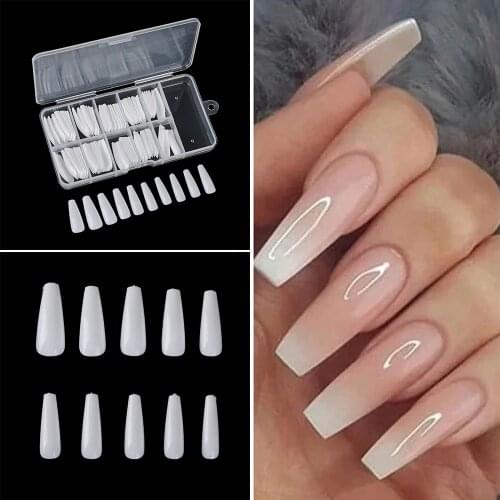 100Pcs/Set False Nail Tips Ballerina Full Cover Long Coffin Fake Nails Art Acrylic Manicure DIY Tools Clear/Natural/White Nail