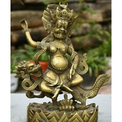11" Tibet Brass Buddhism White Jambhala Mantra Buddha Ride Dragon Sculpture