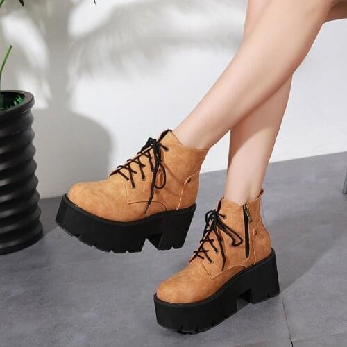2020Gothic Punk Winter Womens Shoes Chunky High Heels brown Black Lace Up Platform Biker Ankle Combat Boots for Women YMA441