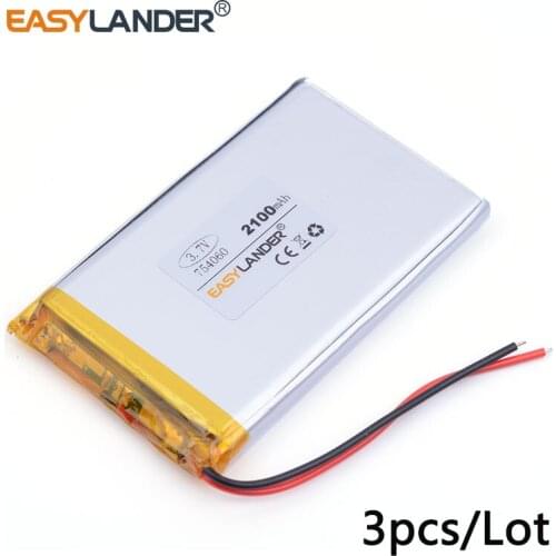 3pcs/Lot 754060 2100MAH 3.7V Bluetooth stereo mobile power polymer lithium battery For MP4 E-book tablet pc Vedio Game GPS DVR