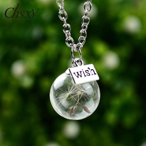 CHSXY Cute Dandelion Seeds In Crystal Ball Necklace Real Dried Flower Silver Color Link Chain Necklace Idea Gift for Best Friend