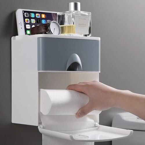 Bathroom Toilet Paper Holder Wall-Mount Paper Roll Dispenser Storage Shelf Rack Paper Storage Box with A Drawer Household Bath