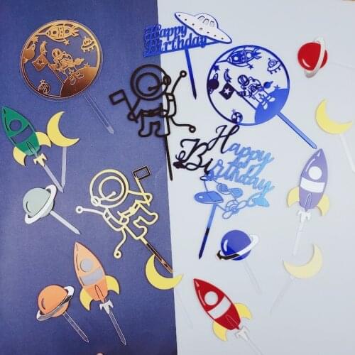 Kids Birthday Spacecraft Rocket Happy Birthday Cake Toppers Acrylic Outer Space Astronaut Cake Flags Birthday Party Cake Decor