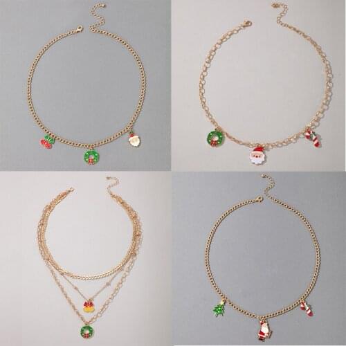 Docona 5 Style Christmas Santa Claus Flowers Pendant Necklace for Women Festive Gold Chokers Necklaces Jewelry New Year Gift