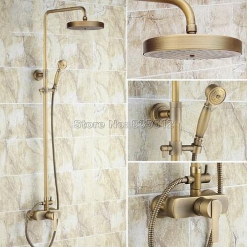Rain Shower Faucet Set with Hand Spray + Round Shower Head / Antique Brass Bathroom Wall Mounted Single Handle Mixer Taps Wrs177