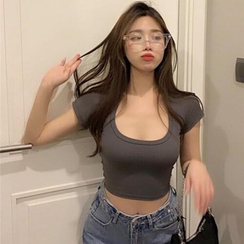 Summer Cotton Tight-Fitting Short Waist T-Shirt Womens Solid Color Low-Cut Square Collar Short-Sleeved Crop Top Street Sports