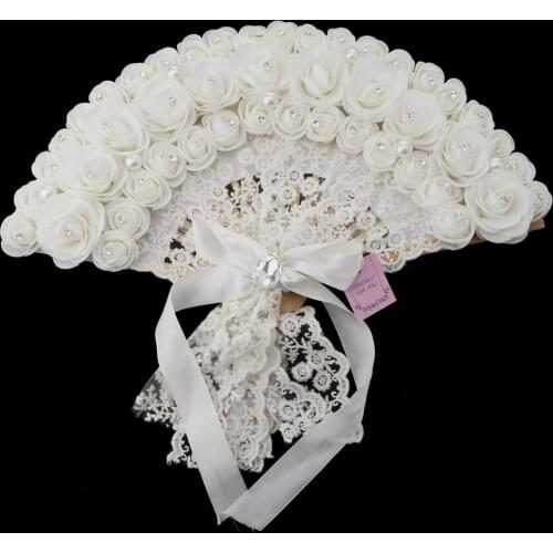 Lace Rose Flowers Design Plastic Folding Hand Held Fan (White)