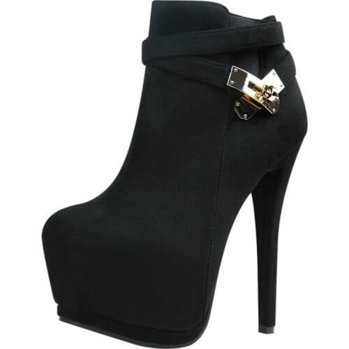 Fashion Womens Shoes Concise High Heels(14cm) with Platform Zipper Suede Round Toe Female Pumps Metal Buckle Boots