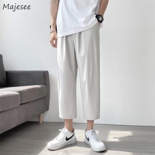 Men Solid Casual Pants Ankle Length Summer Breathable Loose Fashion Simple Trousers Straight Korean Style Chic Daily Brand Male