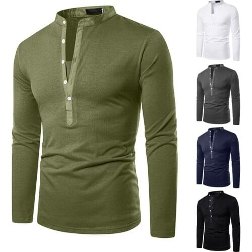Mens Long Sleeve Shirts Comfortable Button V Neck Solid Color Slim Henley Collar Buttons Camisa Masculina Business Shirts Male