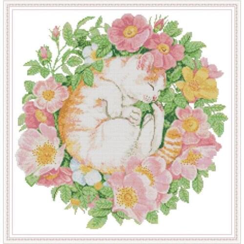 Joy Sunday Cat Among The Flowers Counted 14CT Cross Stitch DIY Set Print on Canvas DMC Cross Stitch Embroidery Kit Home Decor