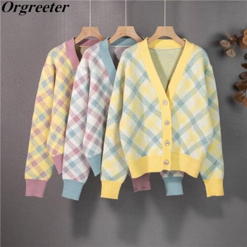 2021 Autumn and Winter New Colorful Plaid Knitted Cardigan Women Clothing V-neck Loose Retro All-match Female Sweater Jacket Top