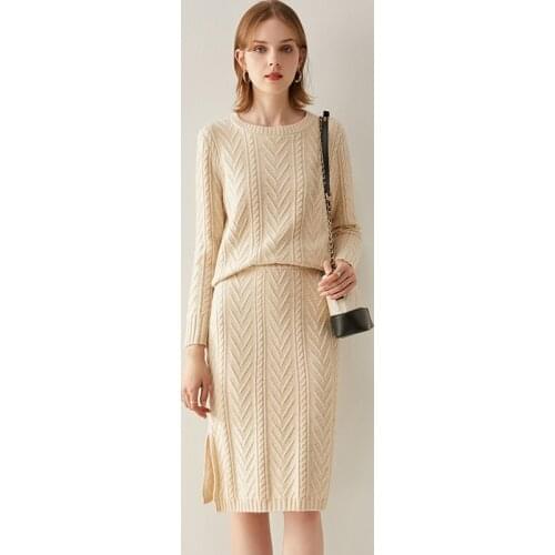 Autumn Winter 2020 New Thick Cashmere Sweater Women Over-the-knee skirt Two-Piece Set 100% Pure Cashmere Sweater Suit Women