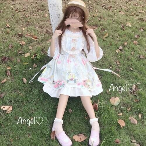 OLOMLB Two-Piece Cute Lolita Dress Slash-Neck Kawaii Top For Girl 2021 Summer New Fashion Angel Print Sweet Ribbons Dress
