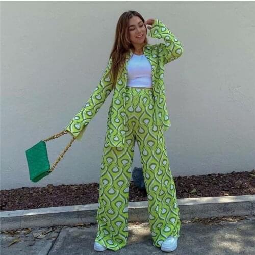 PUWD Casual Women Green Print Shirt Suit 2021 Spring Fashion Female High Waisted Pants Suits Ladies High Street Matching Sets