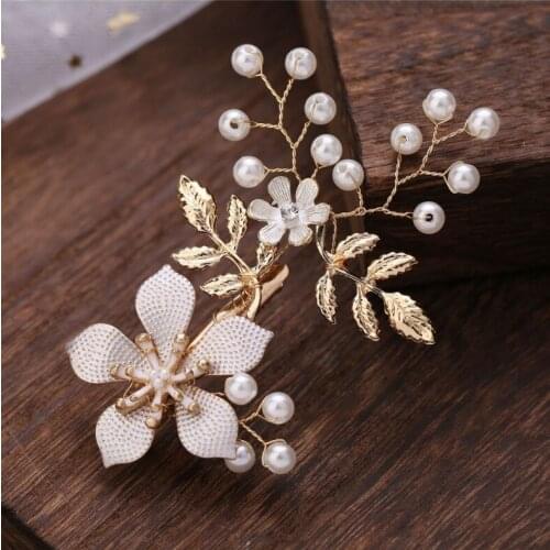 Classic Pearls Gold Leaf Flower Bridal Hair Accessories Wedding Headpieces Wedding Hair Pins and Clips Pearls Hair Jewelry