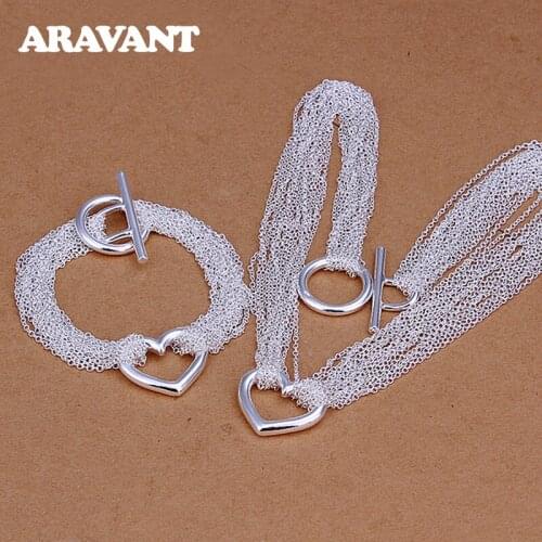 Wedding Jewelry Sets 925 Silver Heart Mulit Layer Necklace Chain Bracelet For Women Fashion Jewelry Valentines Gifts