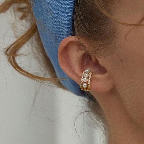 VSnow Unique Design Double Layer Imitation Pearl Clip Earring for Women Charming Gold Metallic Rhinestone Party Earring Jewelry