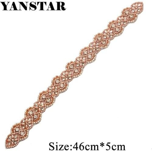 YANSTAR(30pcs) Wholesale Clear Rose Gold Crystal Rhinestones Appliques With Beads For Wedding Dress Sash YS866
