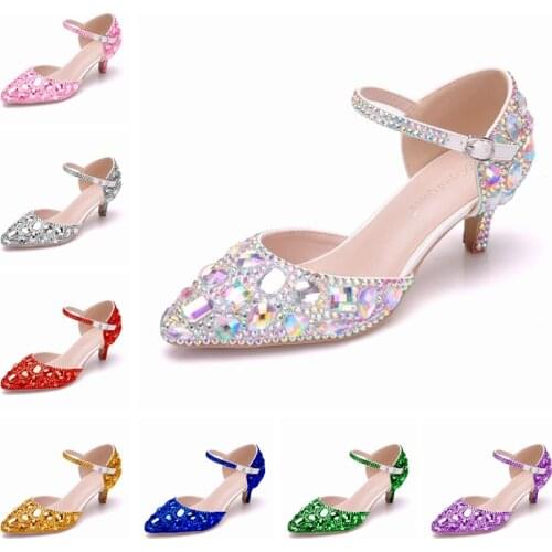 Crystal Queen Sexy Womens High Heel Sandals Ankle Strap Pumps Rhinestone Wedding Shoe Woman Dress Heels Bridal Shoes 5cm