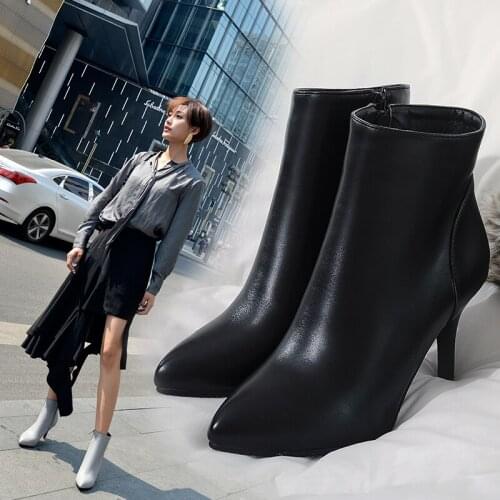 2019 New Winter Women Ankle Boots High Thin Heel Pointed Toe Zipper Metal Sexy Ladies Women Shoes black Female Warm Short Boots
