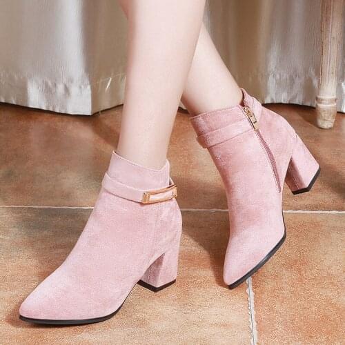 Women High Heel Shoes Fashion Boots 6cm Square Heel Party Ankle Boots Black Pink Winter