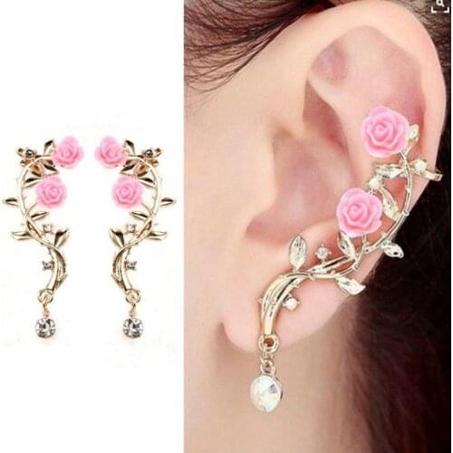 2021 Fashion Sweet Rose Crawler Earrings Women Ear Clip Earrings Stud Roses Branch Alloy Earring Ornaments Wholesale